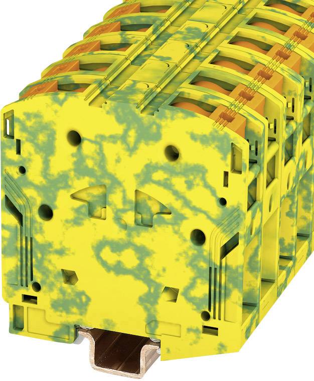 Mehrere gelb-grüne Reihenklemmen nebeneinander montiert auf einer Metallschiene, für elektrische Verbindungen.