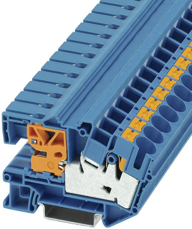 Elektrische Klemmenleiste mit blauen Schienen und orangen Kontakten, verwendet zur Befestigung und Verdrahtung von elektrischen Leitungen.