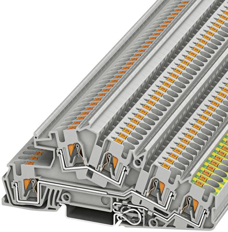 Stapel von grauen, modularen Reihenklemmen mit farbigen Markierungen, die für die Elektroinstallation verwendet werden.