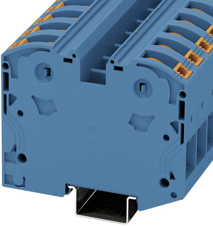 Elektrischer Klemmenblock, blau-orange, aus Kunststoff mit Metallverbindungen, zur Befestigung auf einer Montageplatte.
