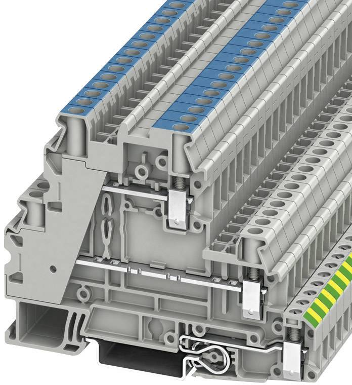 Elektrische Klemmenleiste in grauem Gehäuse, zeigt Drahtführungen und Anschlusspunkte.
