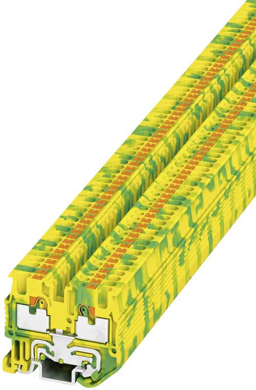 Stapel gelb-grüner elektrische Reihenklemmen mit Metallanschlüssen, typischerweise für industrielle Anwendungen und Schalttafeln.