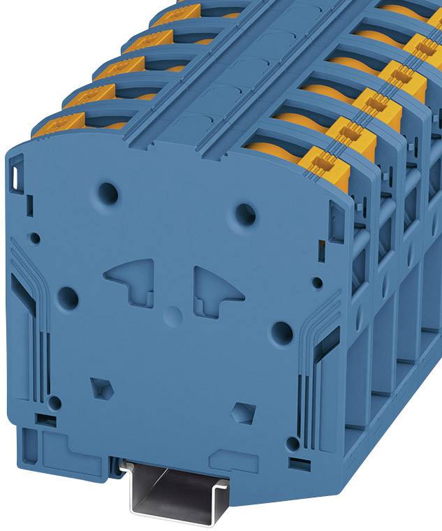 Nahaufnahme eines blauen Elektroanschlussblocks mit orangefarbenen Klemmen auf einer Metallbefestigungsschiene.