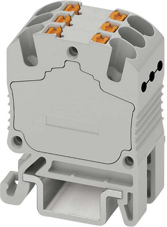 Ein grauer elektrischer Steckverbinder mit mehreren Anschlussklemmen und orangefarbener Markierung, geeignet für DIN-Schienenmontage.