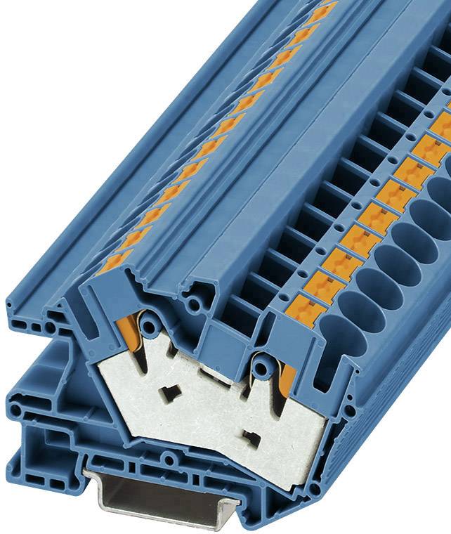 Ein blauer Reihenklemmblock mit orangefarbenen Hebeln, häufig in elektrischen Schaltschränken für die Verbindung von Kabeln eingesetzt.