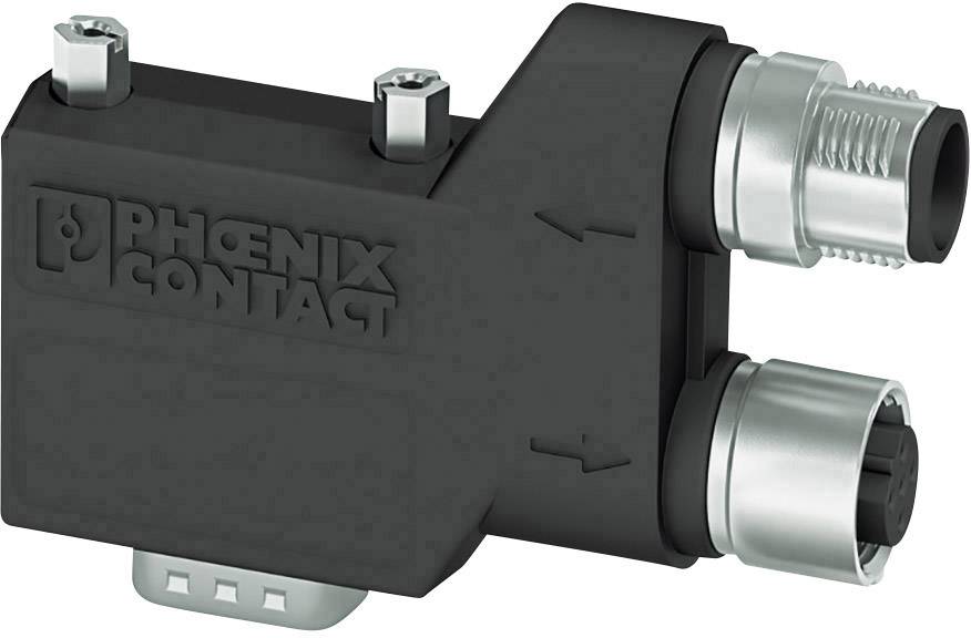 Ein elektrischer Adapter von Phoenix Contact mit zwei Anschlüssen und einem rechteckigen Gehäuse.