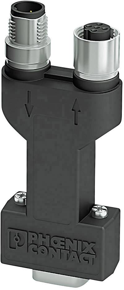 'Phoenix Contact'-Adapter, schwarz, mit zwei Verbindungsanschlüssen und Pfeilen zur Richtungserkennung.