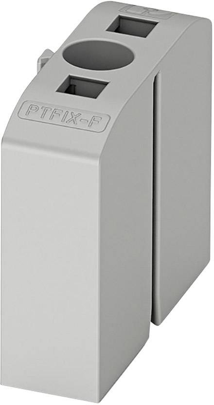 Grauer Kunststoffblock mit rechteckigen Aussparungen und Aufschrift 'PTFIX-F' auf der Oberseite, vermutlich ein elektrisches Verbindungselement.