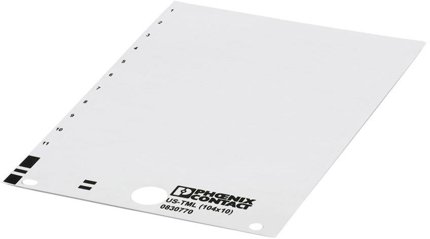 Ein Blatt weißes Markierungsmaterial von Phoenix Contact mit der Bezeichnung 'US-THM'. Das Blatt ist perforiert und für Beschriftungen vorgesehen.