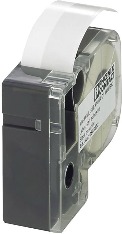 Etikettenkassette von Phoenix Contact, halbtransparentes Gehäuse, schwarze Basis, weißes Etikettenband sichtbar im Inneren.