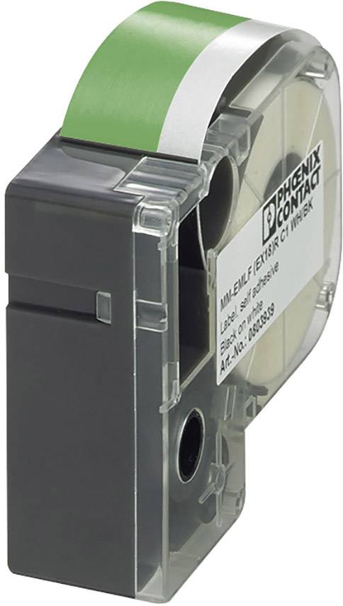 Etikettierbandkassette von Phoenix Contact mit grünem Etikettband, seitlicher Sicht auf das Kunststoffgehäuse.