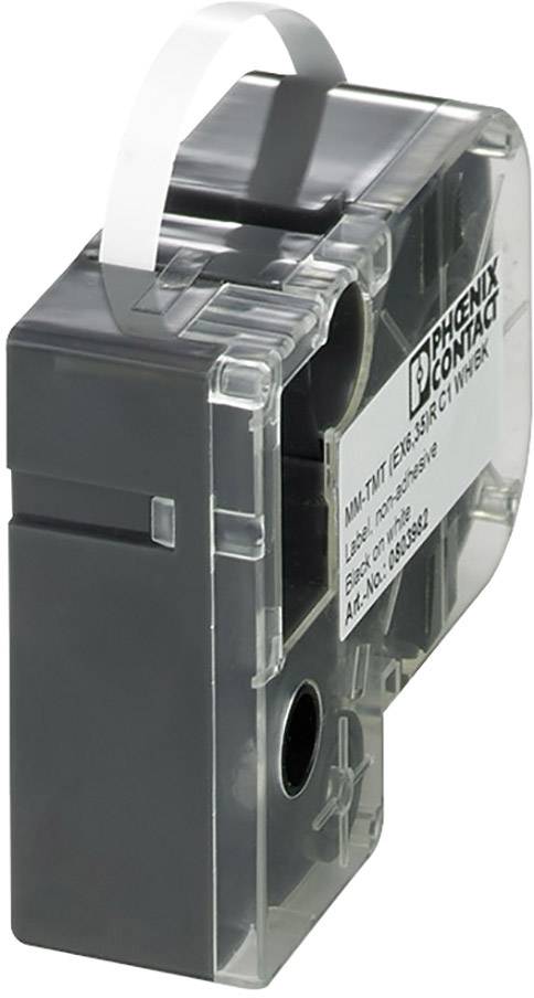 Ein grauer, transparenter elektronischer Adapter von Phoenix Contact mit einem weißen Etikett, das Modell und Artikelnummer anzeigt.