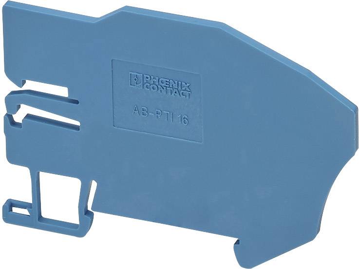 Blauer Endhalter für Hutschienen der Marke Phoenix Contact, Modell AB-PTI 16.