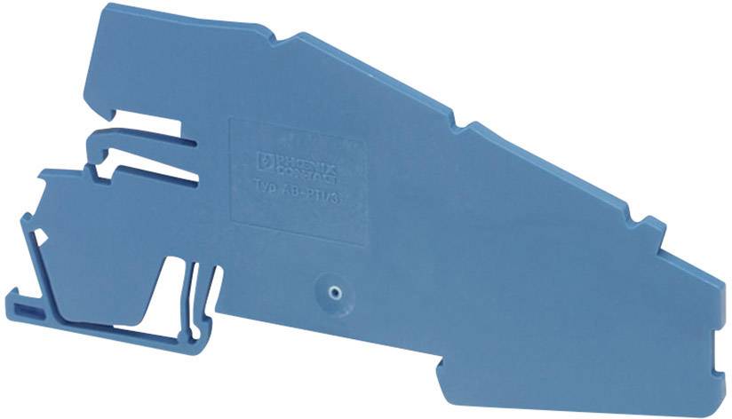 Blauer DIN-Tragschienenadapter aus Kunststoff, seitliche Ansicht, zum Befestigen von Geräten auf einer Montageschiene.