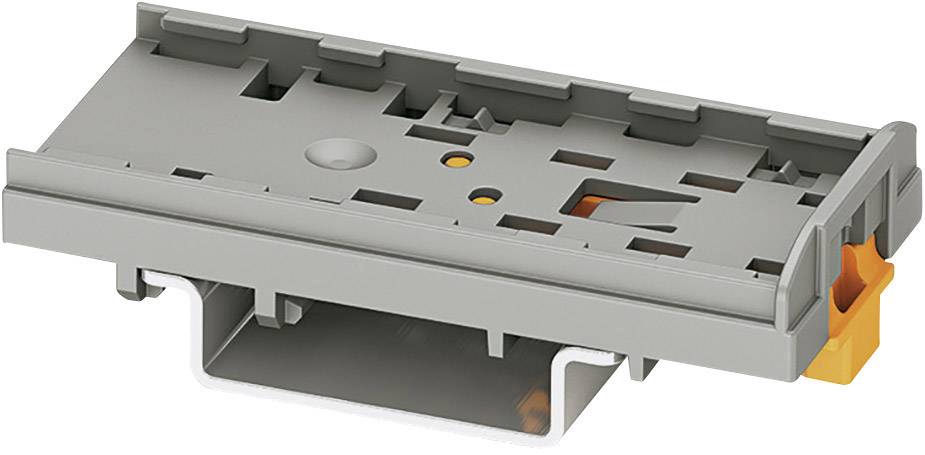 Ein grauer Kunststoffbaustein mit mehreren Schlitzen und einem orangefarbenen Hebel an der Seite. Entworfen für elektrische Anwendungen.