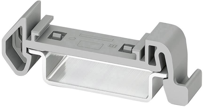 Graues Kunststoffteil mit Metallplatte, vermutlich ein Montageclip oder Halterung für ein technisches System.