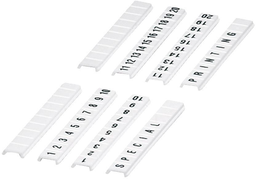 Weiße Kunststoffstreifen mit aufgedruckten Zahlen und Buchstaben, die 'SPECIAL PRINTING' buchstabieren, liegen geordnet nebeneinander.
