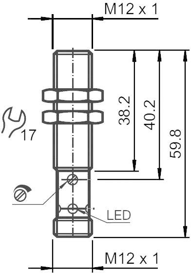 Technische Zeichnung eines Bauteils mit LED, Schrauben und Maßen: M12 x 1, Längen 38,2 mm, 40,2 mm, 59,8 mm, Schraubenschlüssel 17.