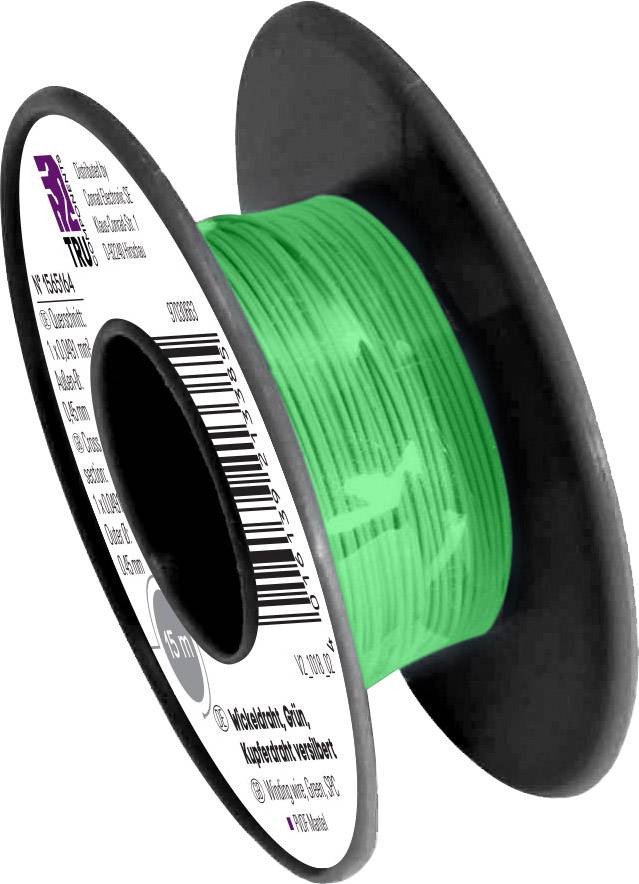 Grüne Kunststoffspule mit filamentartigem Material, seitlich Etikett mit Barcodes und technischen Details sichtbar.