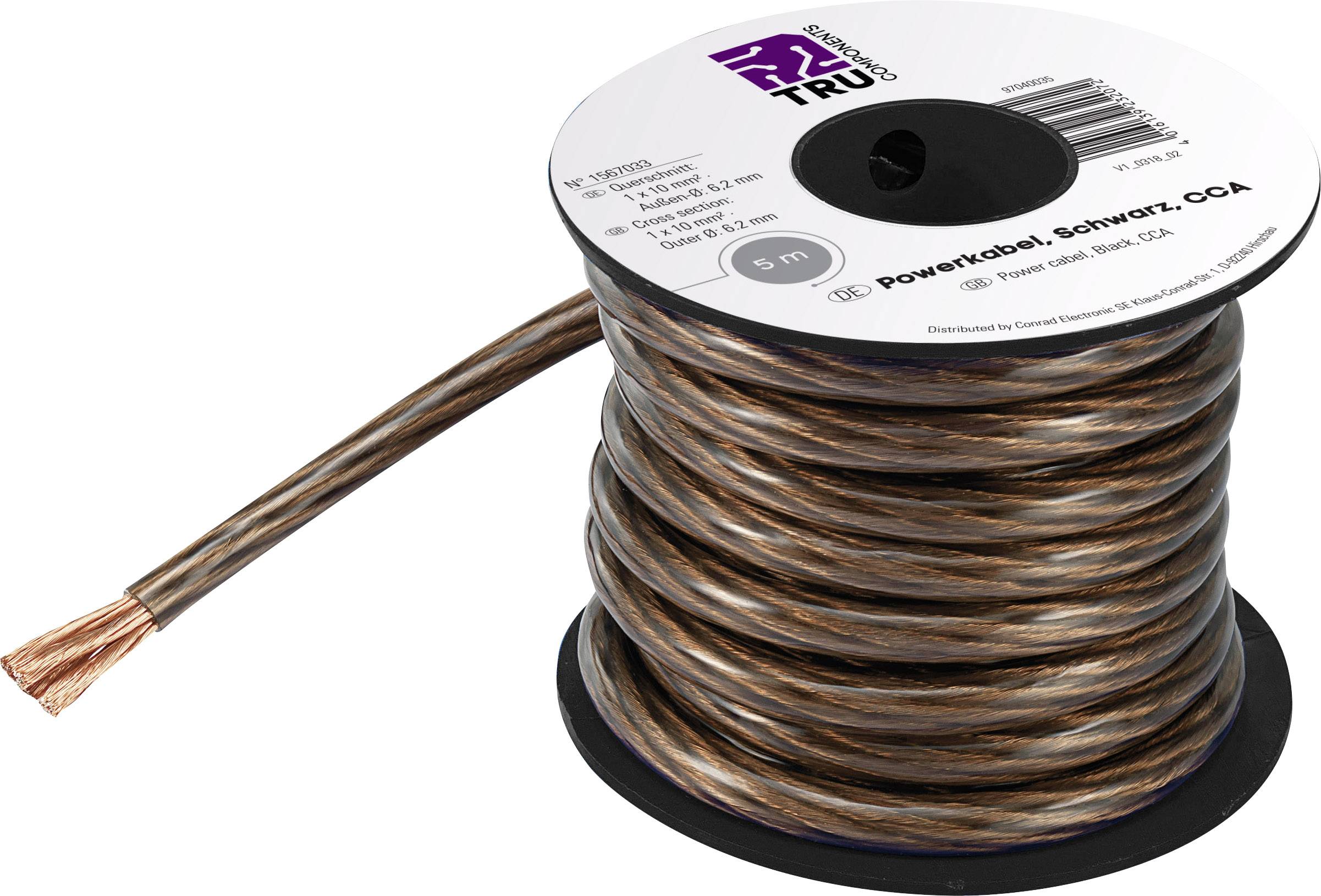 Rolle mit kupferfarbenem Powerkabel, 50 Meter lang. Aufdruck auf der Rolle: 'Powerskabel, schwarz, CCA'. Geeignet für Audioanwendungen.