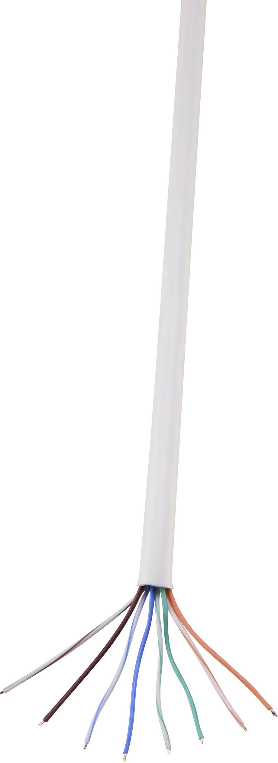 Ein ungeschirmtes, verdrilltes LAN-Kabel mit acht farbigen, freiliegenden Adern am Ende, geeignet für Netzwerkinstallationen.