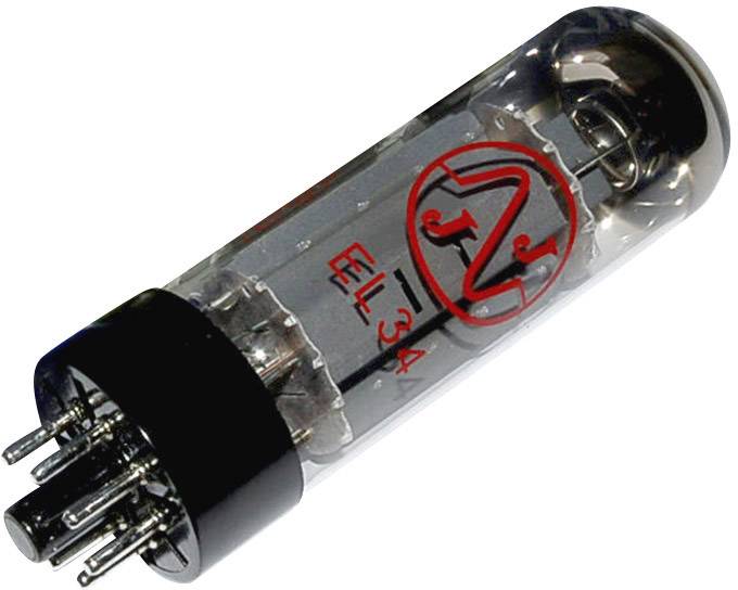 Eine Elektronenröhre mit der Aufschrift 'JJ EL34', erkennbar durch ihre Metallpins und das markante, zylindrische Glasgehäuse.