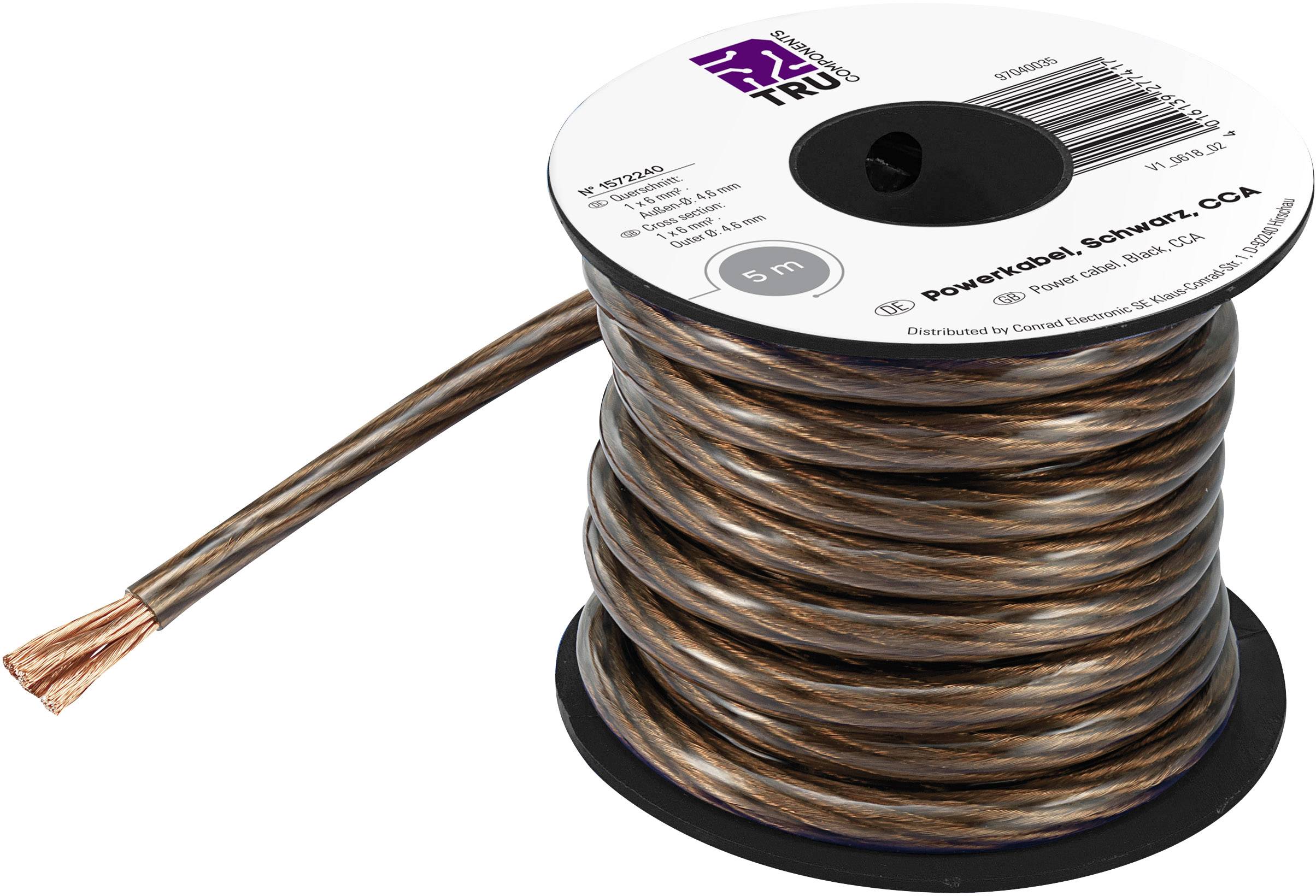 Kupferfarbener Lautsprecherkabel auf einer schwarzen Spule. Etikett zeigt 'Powerhouse, Schwarz, 50 m'. Ideal für Audiogeräte.