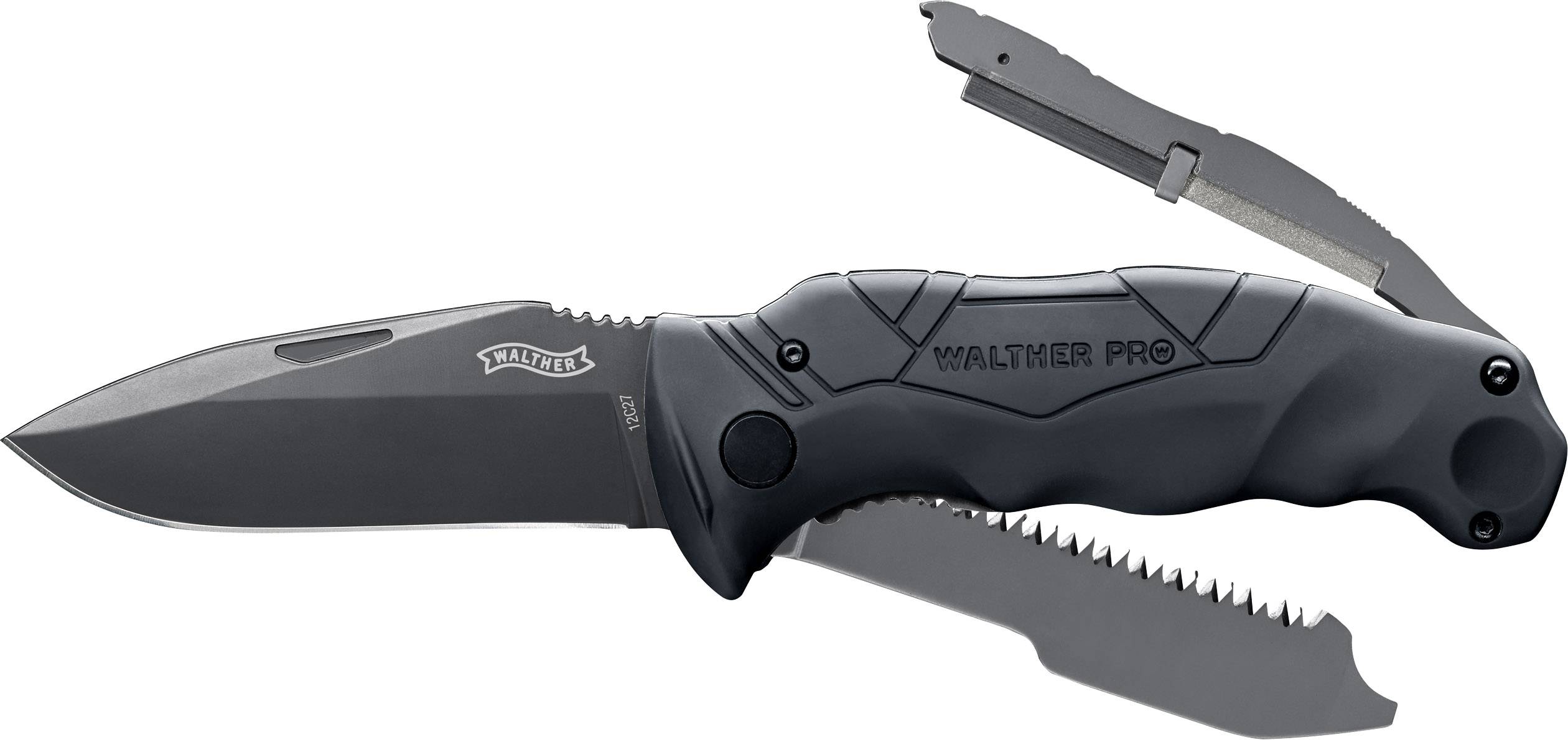 Walther 5.2017 Outdoormesser mit Feuerstarter, mit Holster, mit Schärfstein Anzahl Funktionen 4 Anthrazit-Grau