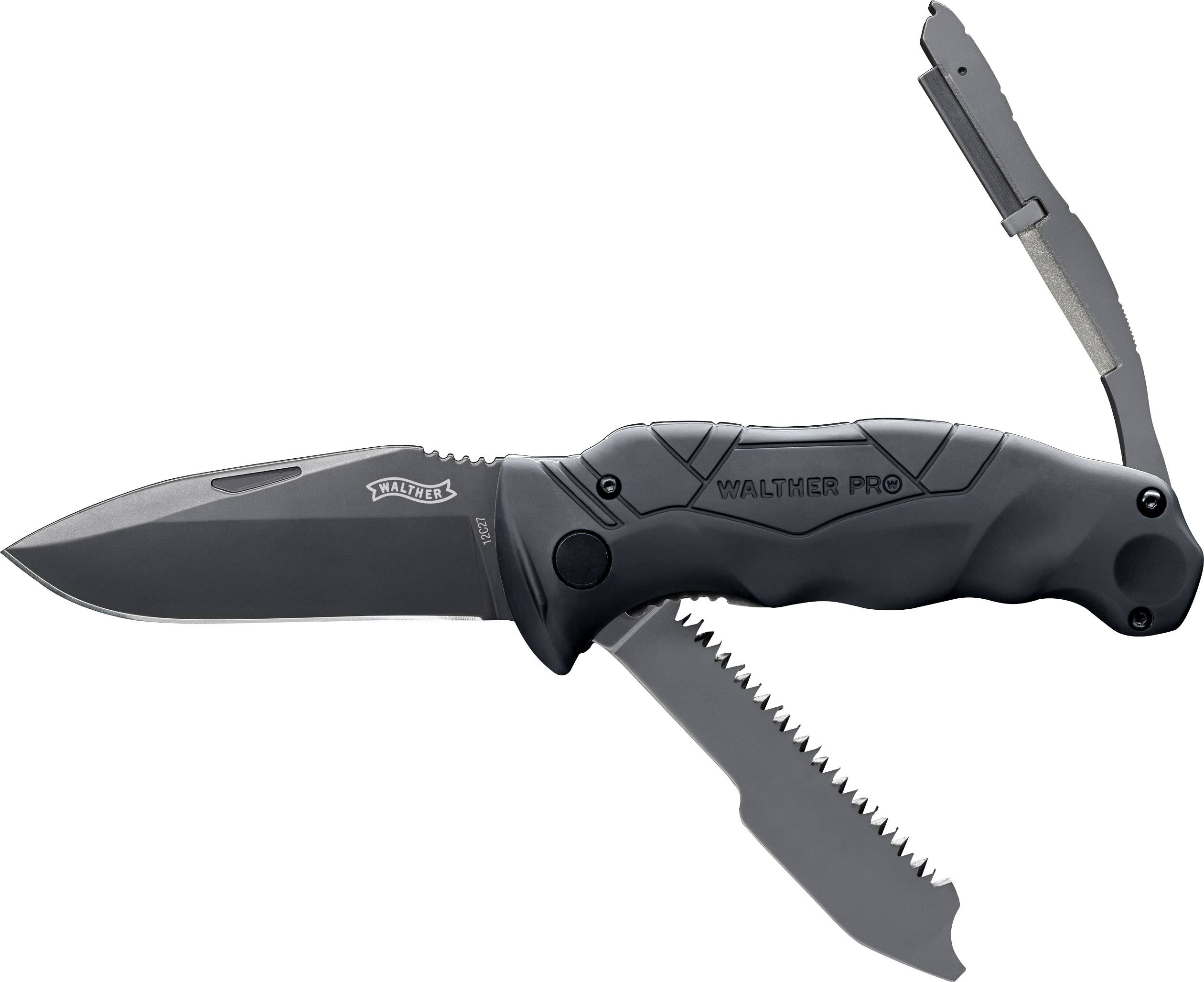 Walther 5.2017 Outdoormesser mit Feuerstarter, mit Holster, mit Schärfstein Anzahl Funktionen 4 Anthrazit-Grau