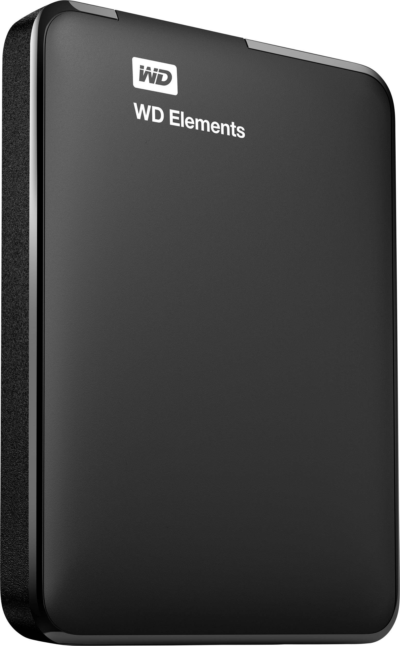 Externe Festplatte 'WD Elements' in schwarzem Gehäuse, kompakt und tragbar, geeignet zur Datensicherung und Speichererweiterung.