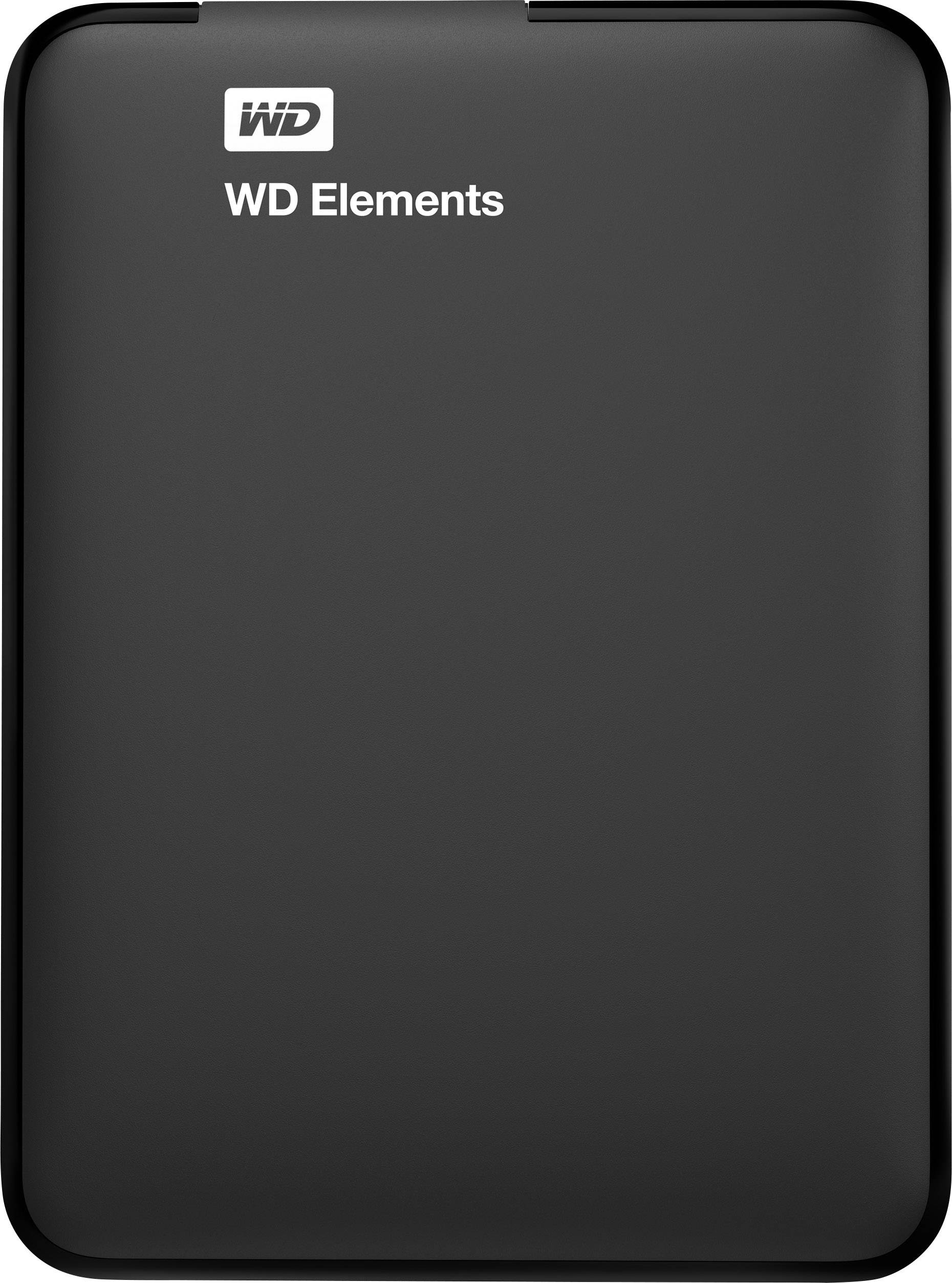 Schwarze externe Festplatte der Marke WD Elements, rechteckig mit abgerundeten Ecken. Ideal zur zusätzlichen Datenspeicherung.