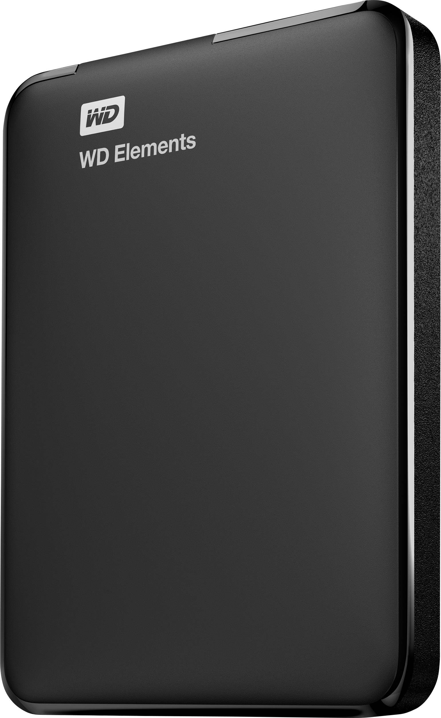 Eine schwarze externe Festplatte der Marke WD Elements, stehend in einem leichten Winkel.