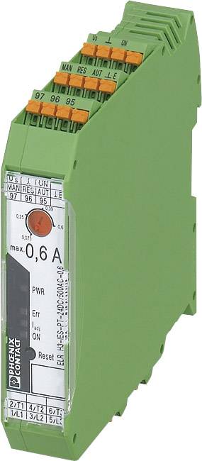 Elektronisches Gerät in Grün, schmal und rechteckig, zur Stromüberwachung, zeigt Maximalstrom von 0,6 A. Markenname 'Phoenix Contact'.