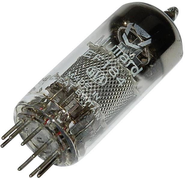 Eine elektrische Röhre mit mehreren Anschlusspins und Metallgittern im Inneren, geeignet für elektronische Geräte.