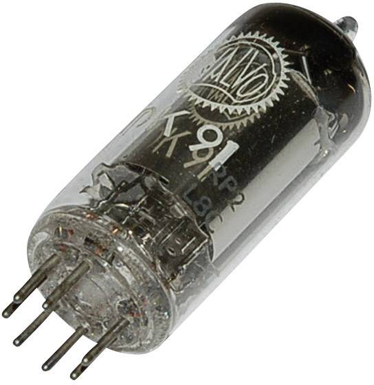 Eine Glasröhre mit metallischen Anschlüssen, vermutlich eine Elektronenröhre oder ein Bauteil für elektronische Geräte, mit Aufschrift.