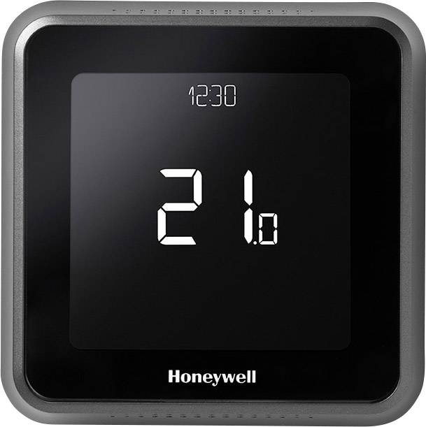 Ein digitales Thermostat zeigt '12:30' Uhrzeit und '21,0' Grad Celsius Raumtemperatur an. Marke: Honeywell.