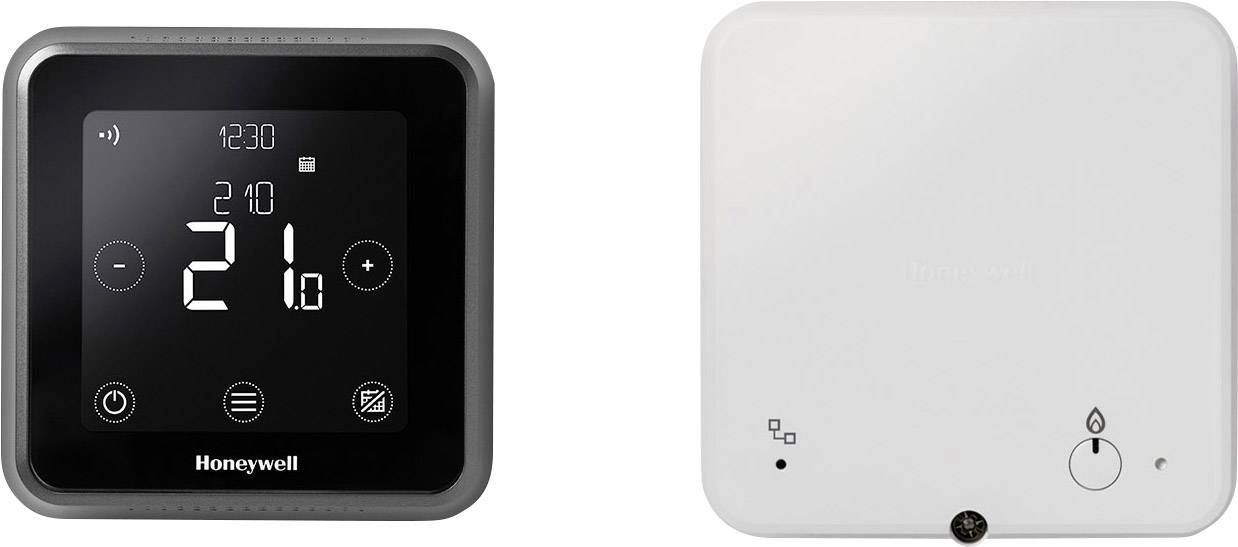 Digitales Thermostat von Honeywell mit großem Display und Steuerelementen. Zeigt die eingestellte Temperatur 21 Grad an.
