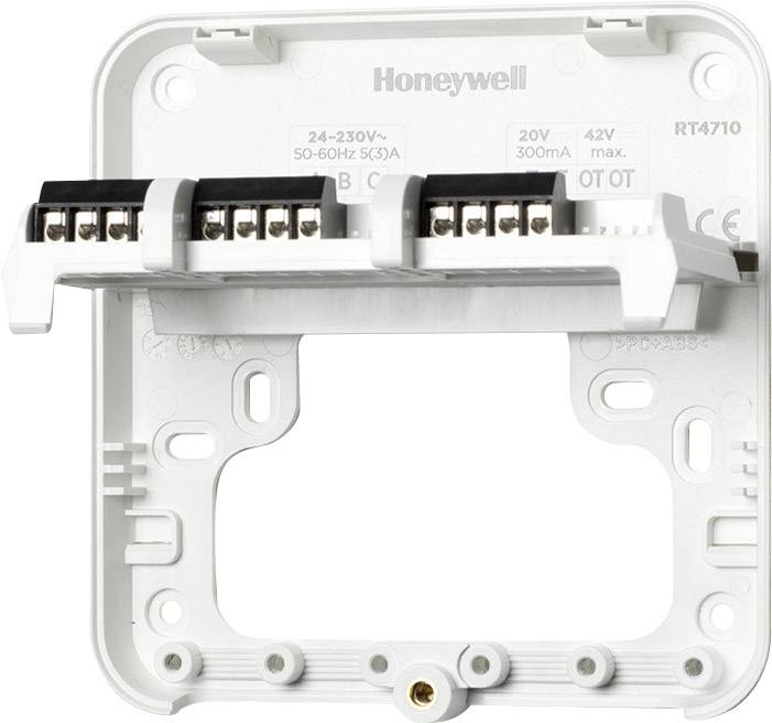 Rückseite einer Honeywell-Thermostatbasis, Modell RT4710, mit mehreren Anschlussklemmen für Verkabelung sichtbar.