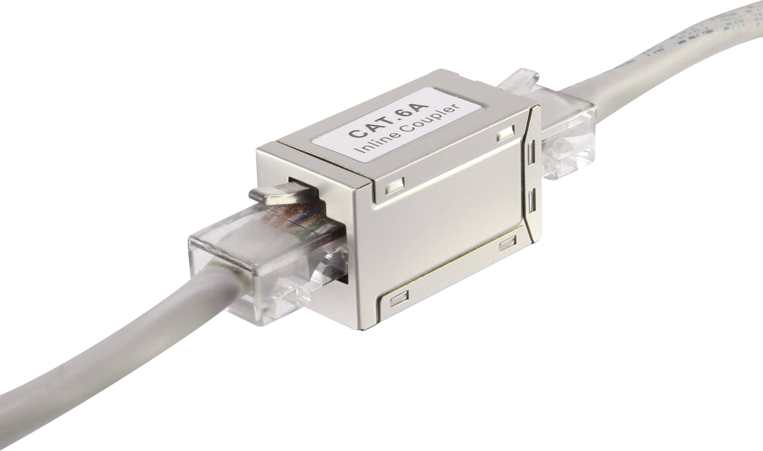 Ein Inline-Koppler für Cat 6A-Netzwerkkabel zeigt den Verbinder und die angeschlossenen Kabel.