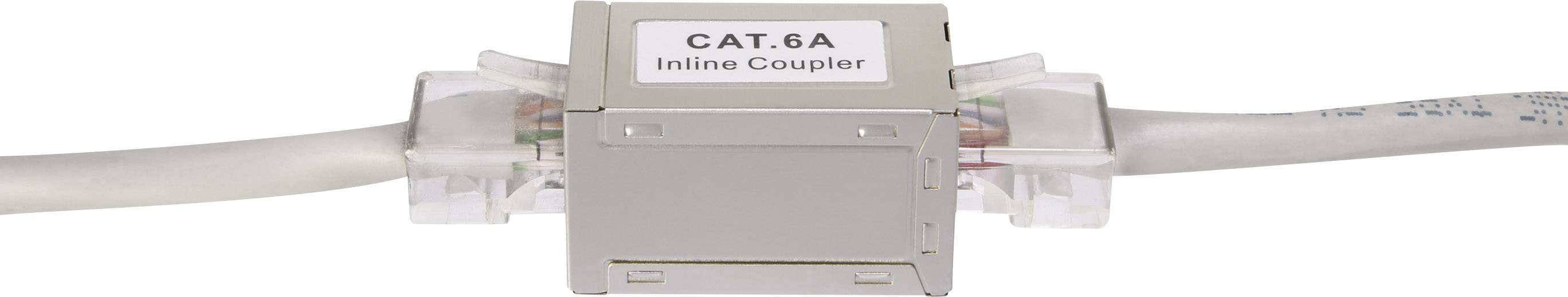 Ein CAT.6A Inline-Koppler verbindet zwei Netzwerkkabel miteinander.