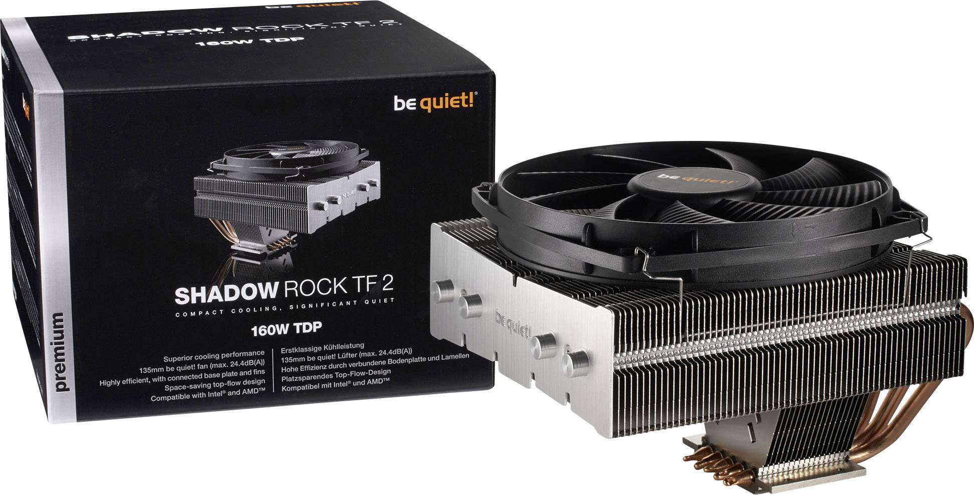Kühlkörper und Verpackung von 'be quiet! Shadow Rock TF 2', einem CPU-Kühler mit 160W TDP, abgebildet.