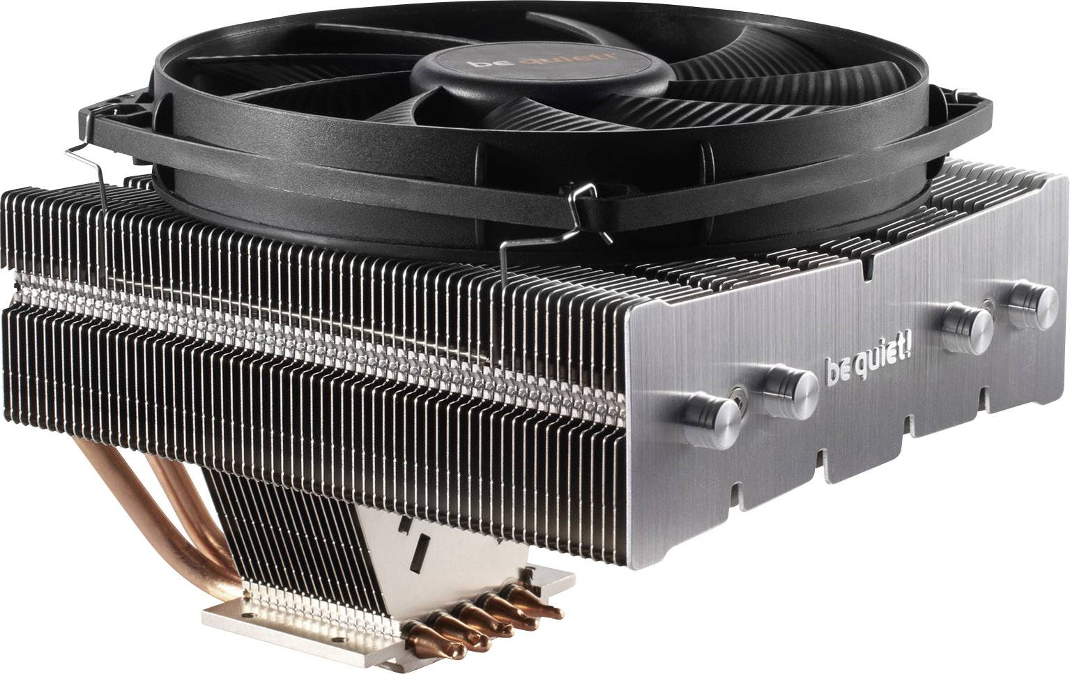 Ein CPU-Lüfter aus Metall und Kunststoff mit schwarzen Rotorblättern und silbernen Kühlrippen der Marke 'be quiet!'.