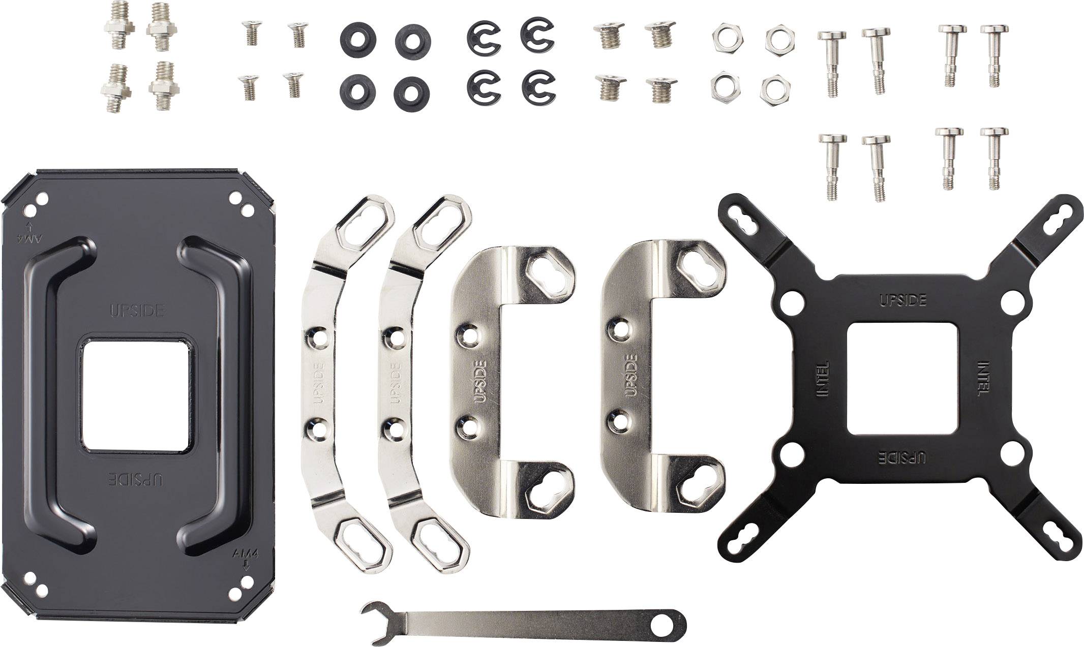 Metallkomponenten-Set für CPU-Kühlermontage, inklusive Schrauben, Platten und Schraubenschlüssel, auf weißem Hintergrund.