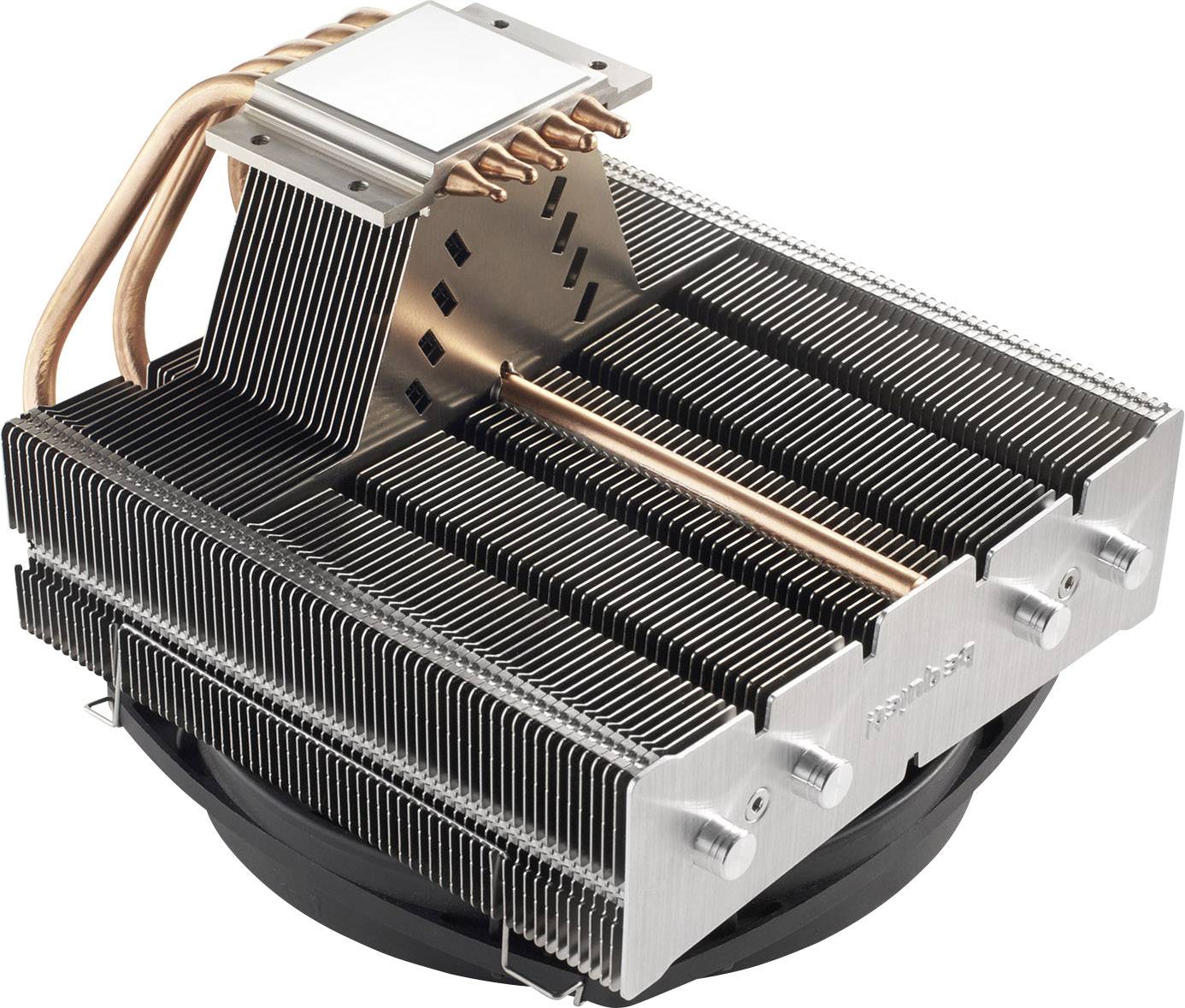 Großer Aluminium- und Kupfer-CPU-Kühler mit mehreren Rippen und Heatpipes, entwickelt zur effizienten Wärmeableitung in Computern.