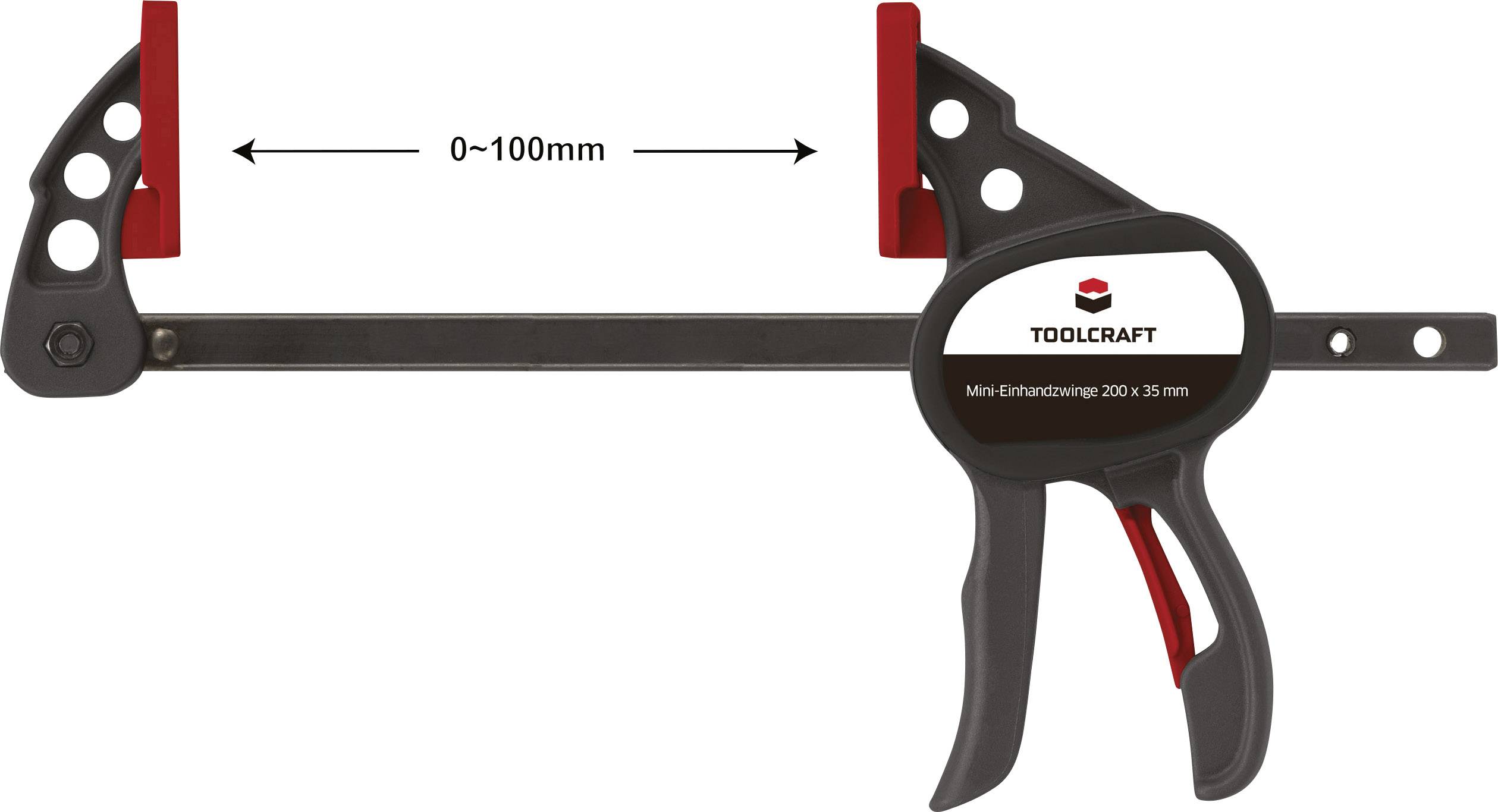'TOOLCRAFT Mini Einhandzwinge 200 x 35 mm' zeigt eine schwarze Spannzange mit roten Enden. Pfeil markiert Spannweite von 0 bis 100 mm.