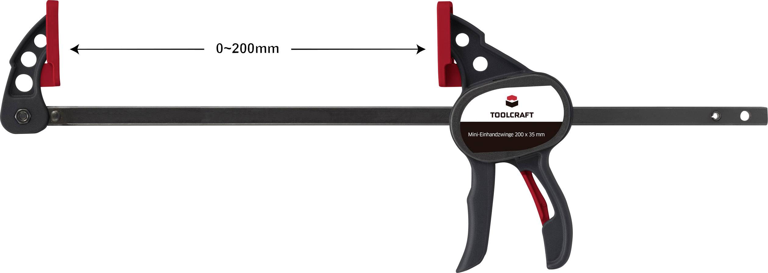 Schraubzwinge mit schwarzem Metallkörper, rotem Griff und Spannweite von 0–200 mm.