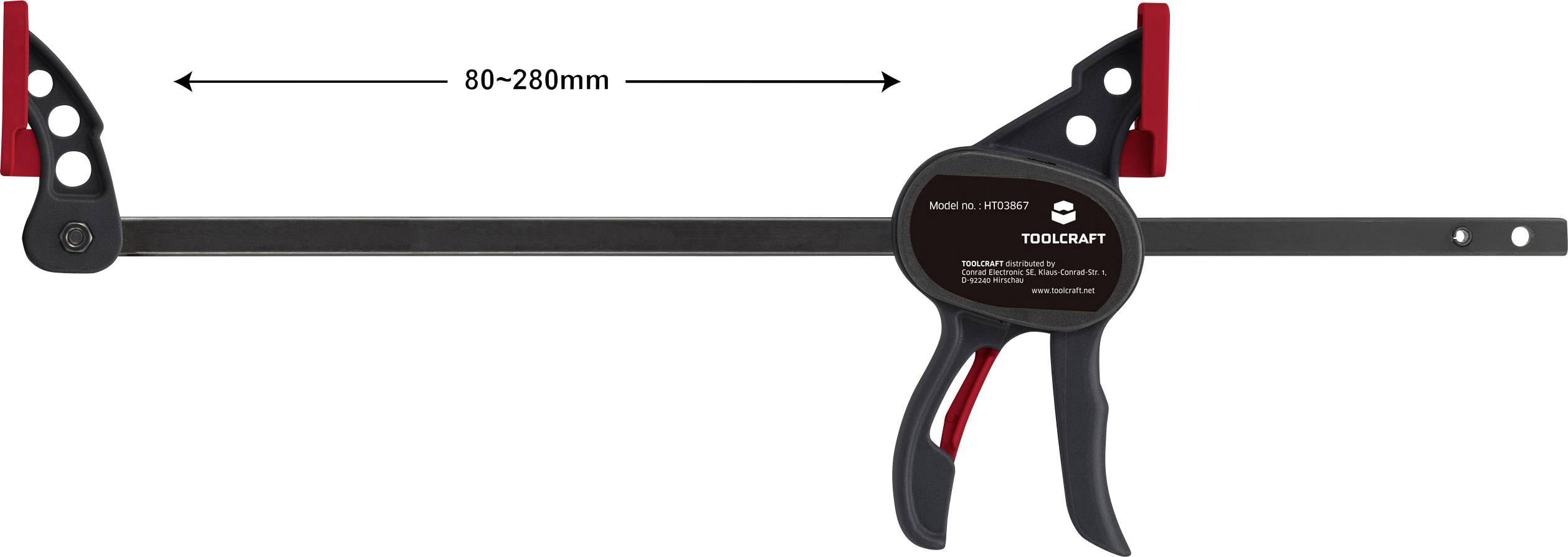 Ein Werkzeughalter von Toolcraft, schwarzes Griffmaterial, mit Spannweite von 80 bis 280 mm, geeignet zum Fixieren von Werkstücken.