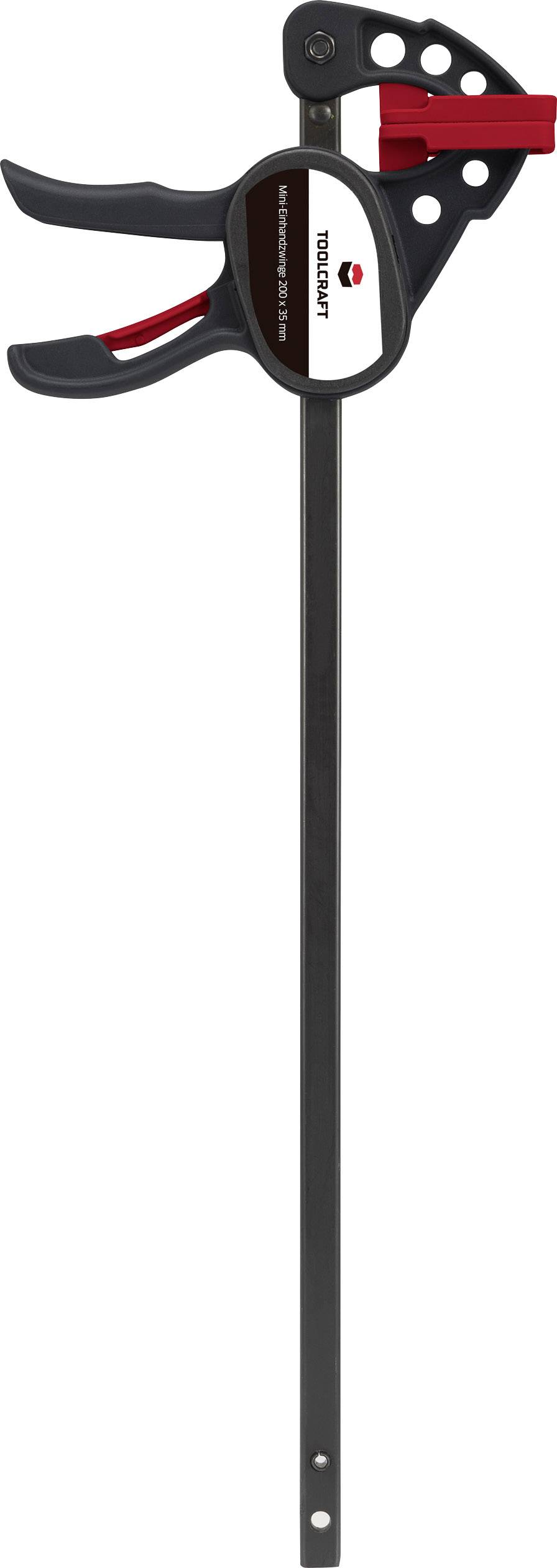 Schwarze Einhandzwinge mit rotem Griff und schwarzem Spannarm, geeignet zum sicheren Fixieren von Werkstücken in Handwerksprojekten.