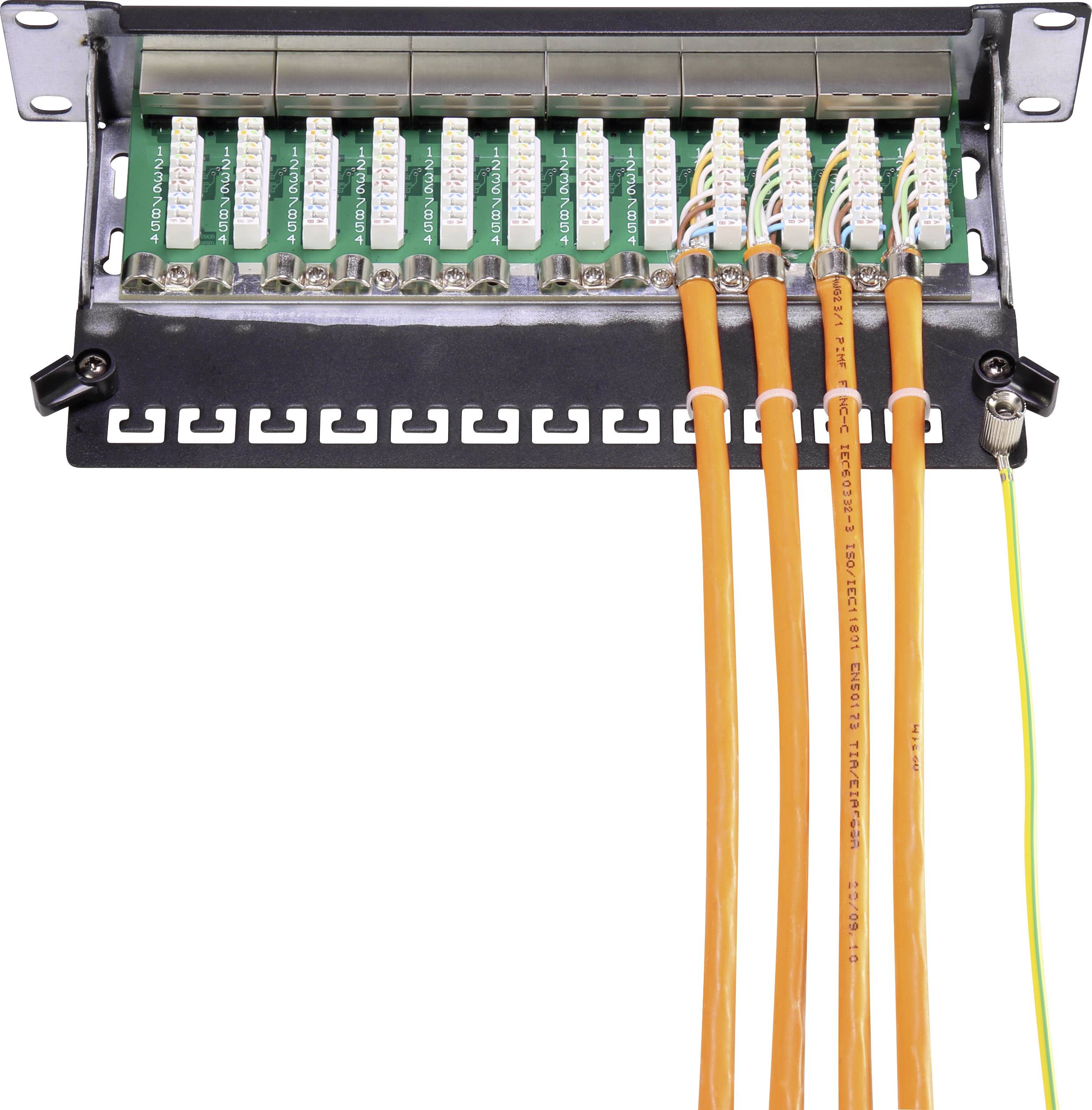 Ein Patchpanel mit orangefarbenen Kabeln ist verbunden. Es zeigt zehn Portanschlüsse, die auf einer Metallhalterung montiert sind.