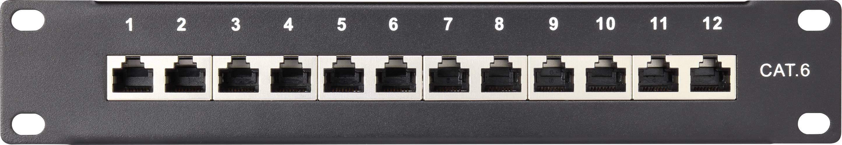 Patchpanel mit 12 Ethernet-Anschlüssen, nummeriert von 1 bis 12, für CAT6-Kabel.